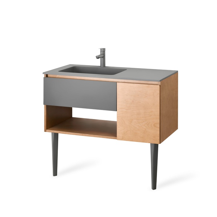 Set mobilier baie, 4 piese, Lemn stratificat, Masca, Blat compozit, Baterie, Ventil click-clack, Stejar/Gri, soft close, Amber, 100*50 cm 555, N, Lemur