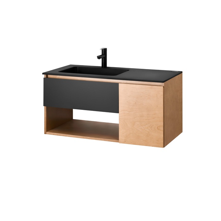 Set mobilier baie, 4 piese, Lemn stratificat, Masca, Blat compozit, Baterie, Ventil click-clack, Stejar/Negru, soft close, Amber, 100*50 cm 555, Pantera