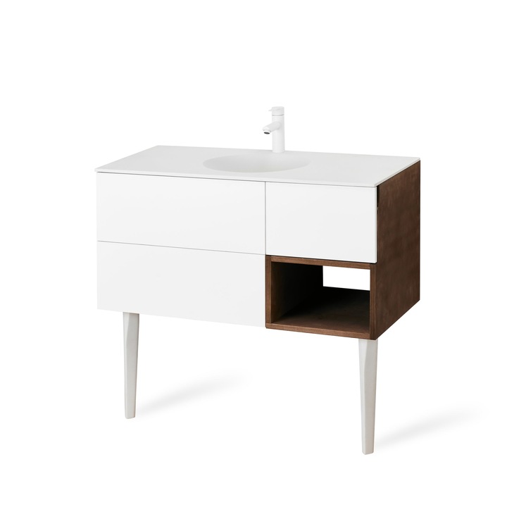 Set mobilier baie, 4 piese, Lemn stratificat, Masca, Blat compozit, Baterie, Ventil click-clack, Nuc/Alb, soft close, Solano, 100*50 cm 420 V C, N, Panda