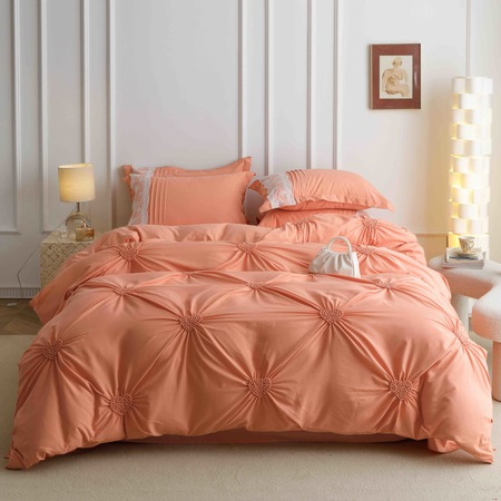 Set Lenjerie Brodata Uni, Pliuri si Inimioare, Bumbac Soft Touch, 6 Piese, Pat Dublu, 230x250, Piersicuta
