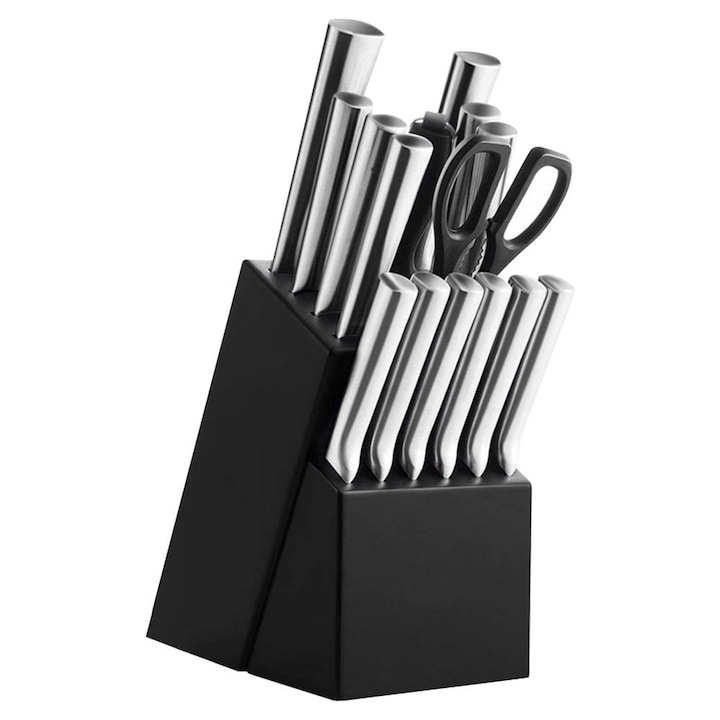 Set cutite Timeless Tools, 16 piese, din otel inoxidabil, Cu ascutitoare si foarfece, Suport din lemn, Argintiu