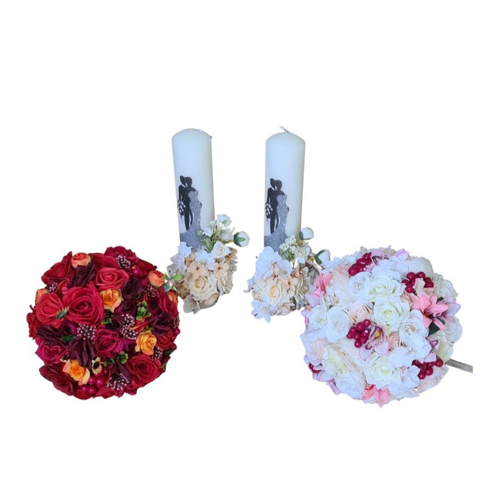 Set nunta 2 lumanari si 2 buchete de flori