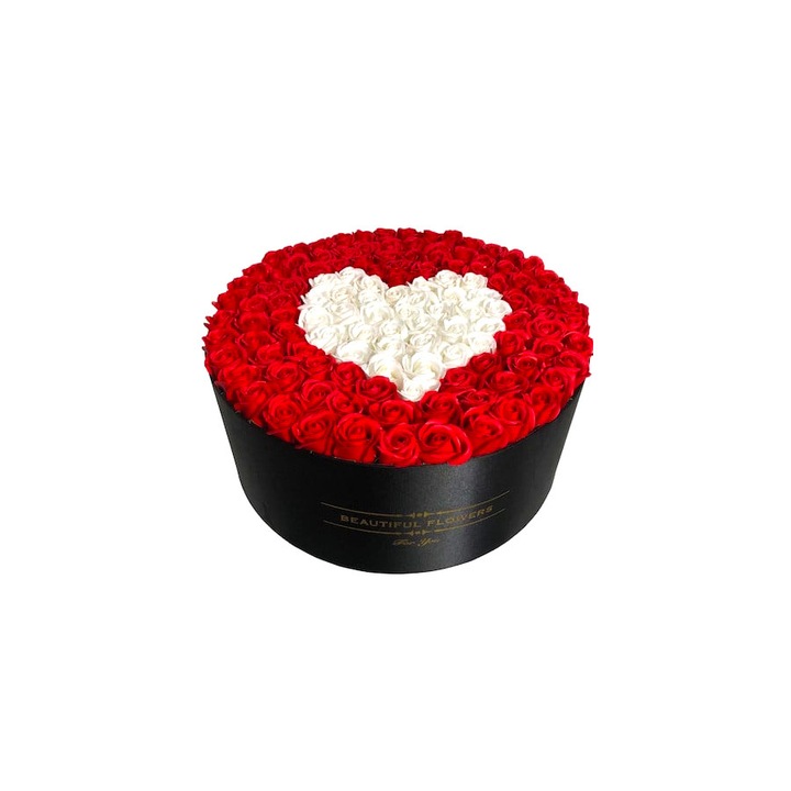 Virágkompozíció, kerek doboz 101 szappanrózsával, Heartbeat White/Red