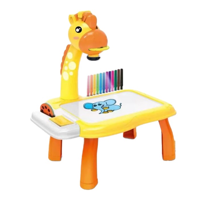 Образователна и интерактивна играчка за черна дъска, маса за рисуване с проектор, включва цветни маркери и тетрадка за рисуване, 31 cm x 35 cm x 24 cm, жълта