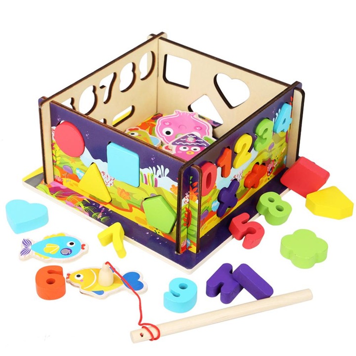 Магнитна дървена игра за риболов и сортер Форми и фигурки Интелигентна кутия за риболов, многоцветна, Toyska®