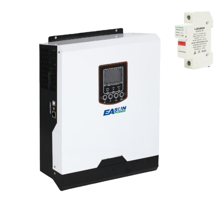 Set invertor solar cu voltaj baterie 24V, putere de captare a soarelui 2.41KW, cu regulator MPPT 80A, sinus pur intre 220V si 230V, culoare alb si negru, Easun, plus soclu separator fuzibil 1P