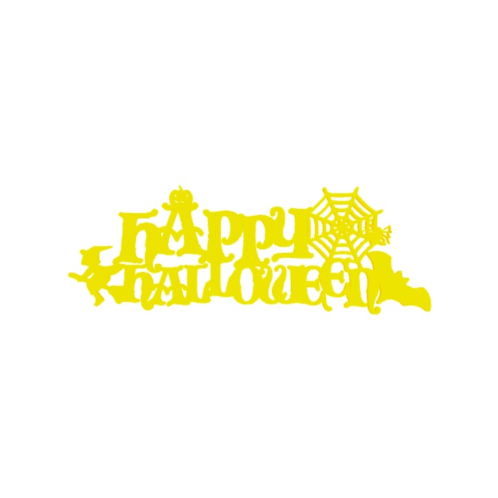 Декорация "HAPPY HALLOWEEN" вещица, прилеп, тиква и паяжина 19 х 7 см жълто