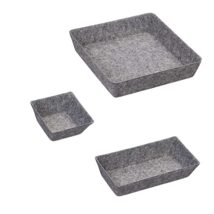 Set organizatoare birou/sertar birou din 4 piese, din palsa moale, gri, dimensiuni diferite