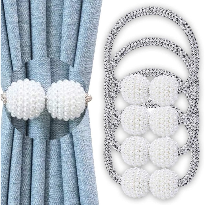 Set 4 magneti decorativi perle pentru draperii si perdele, JeiibrZui, 16Inch, Alb