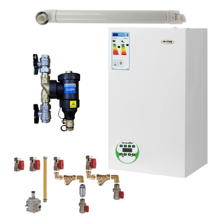Pachet centrala termica Motan MKDens 20-P 22.5 kW, in condensare, kit evacuare, filtru antimagnetita Caleffi Dirtmag 3/4" si Kit montaj complet RTM incluse