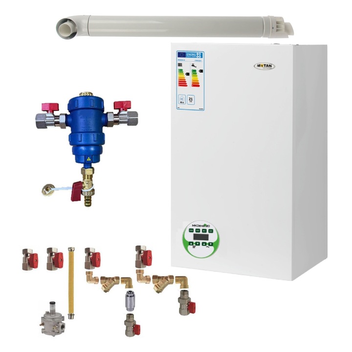 Pachet centrala termica Motan MKDens 20-P 22.5 kW, in condensare, kit evacuare, filtru antimagnetita RTM 3/4" si kit montaj complet RTM incluse