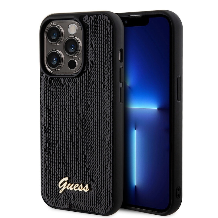 Eredeti előlap tok GUESS GUHCP14LPSFDGSK iPhone 14 Pro készülékhez (Sequin Script Metal / fekete)