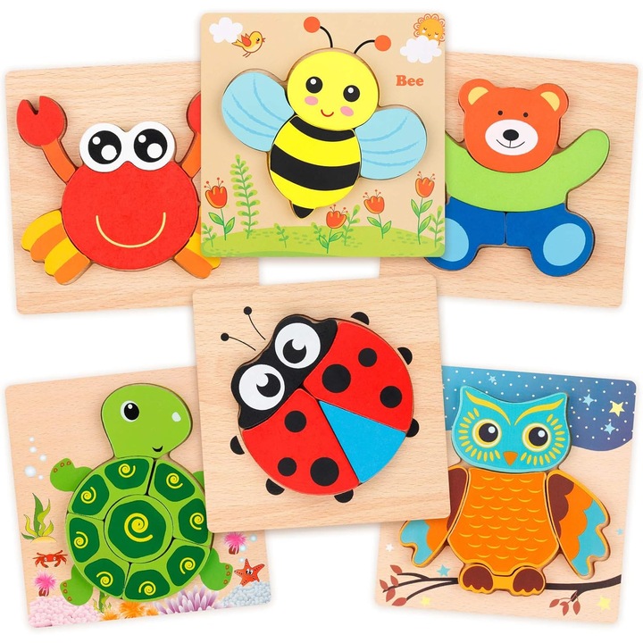 QttvbTna Montessori állatformájú fa puzzle készlet, többszínű, gyerekeknek