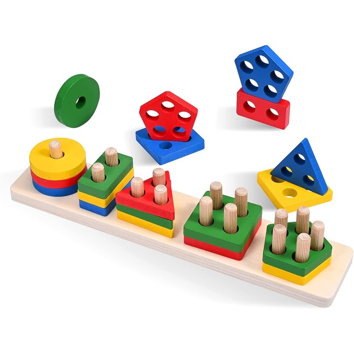 Комплект от 20 дървени играчки за сортиране, QttvbTna, геометрични, многоцветни