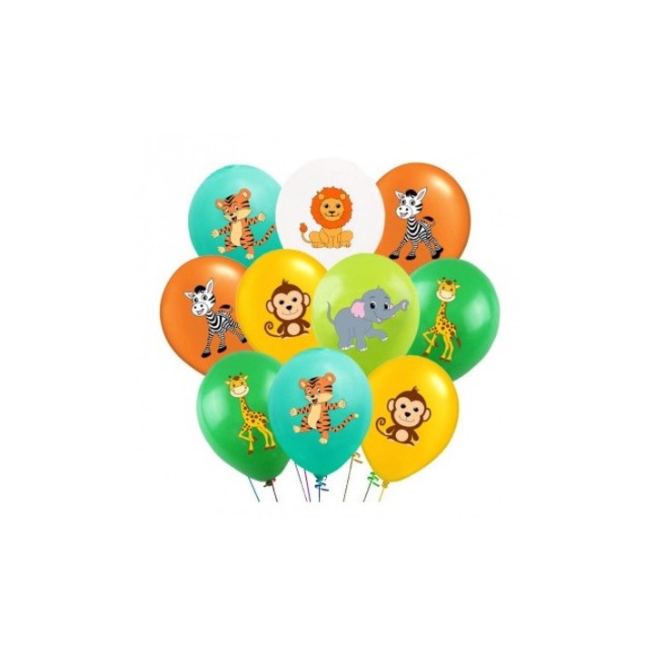 Set 20 Baloane Latex 30 cm Asortate Print Color Animalute Jungla Zebra, Girafa, Leu, Tigru, Maimuta, Elefant, WOW Shop