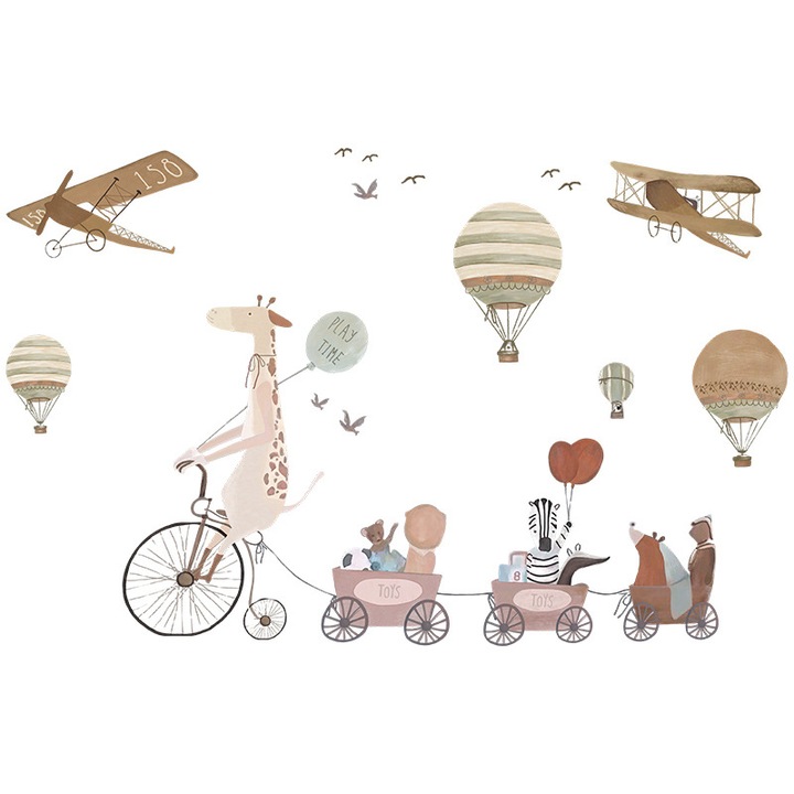 Sticker Decorativ Pentru Copii, Autoadezive, Animale, girafa pe bicicleta ai prieteni, 72x111 cm, SIPO