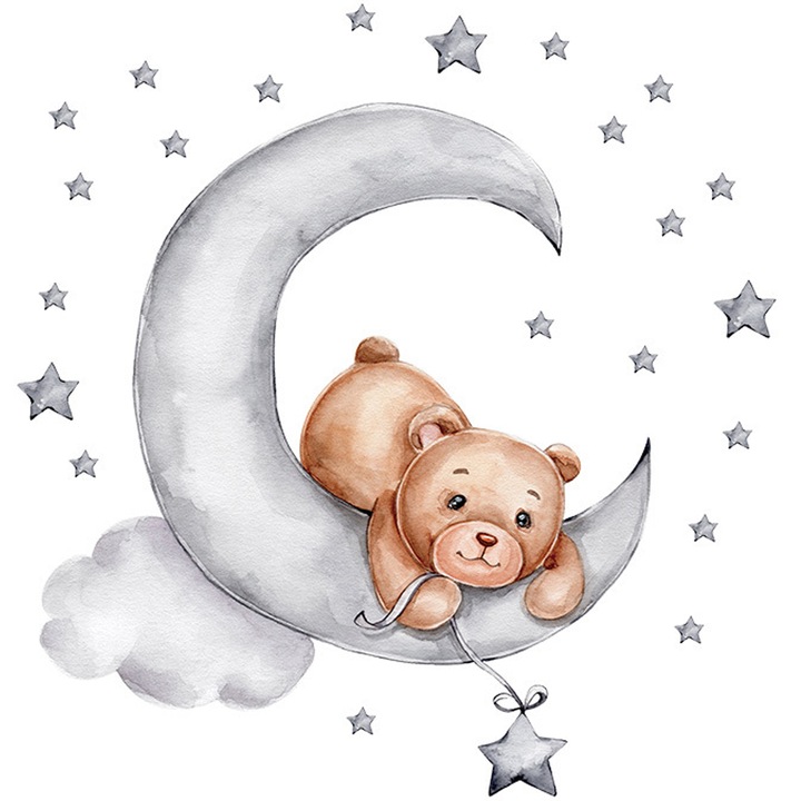 Sticker Decorativ Pentru Copii, Autoadezive, Ursulet de plus intins pe luna, 62x60 cm, SIPO