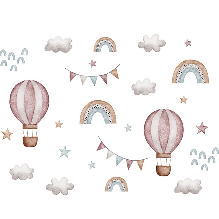 Sticker Decorativ Pentru Copii, Autoadezive, baloane colorate, curcubeu, stele, 86x64 cm, SIPO