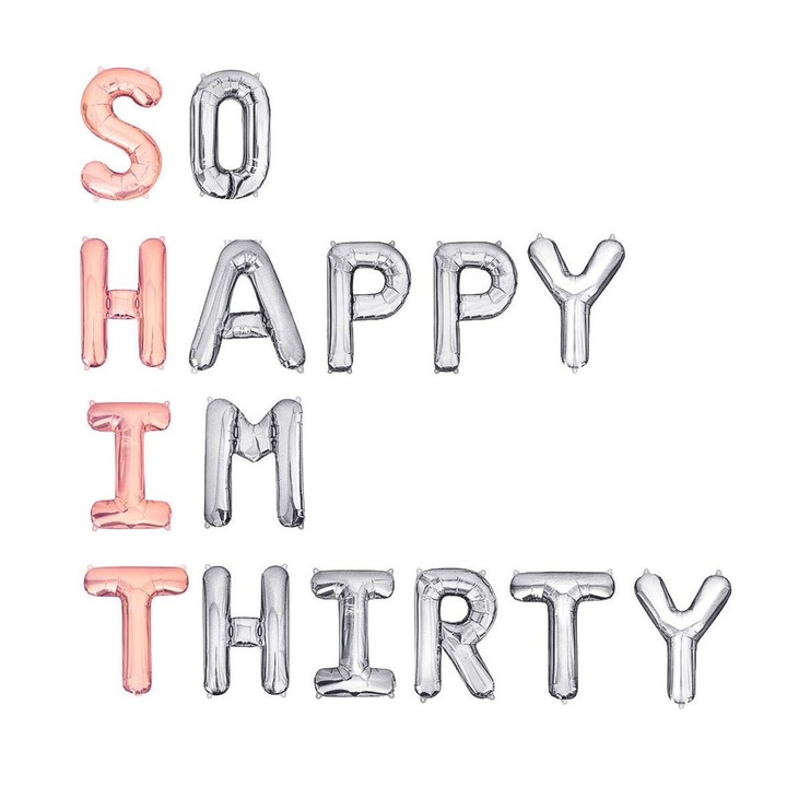 Baloane litere folie "So Happy I'm Thirty", banner aniversare 30 ani, litere 40cm, roz si argintiu