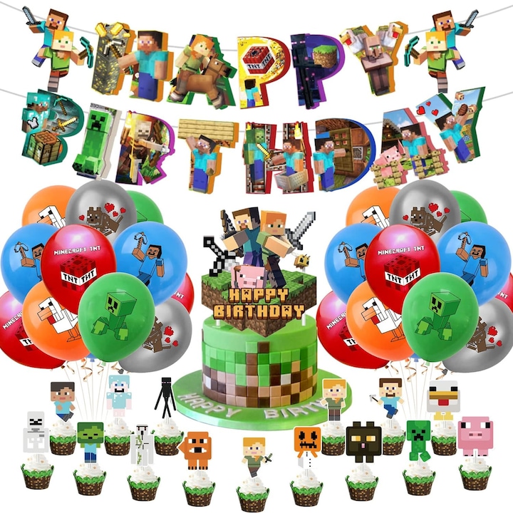Комплект от 20 детски балона, Minecraft Adventure, парти за рожден ден, латекс, 1 банер Честит рожден ден, 15 топера за кексчета, 1 топер за торта, многоцветен