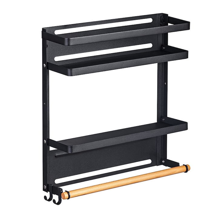 Метален стелаж за подправки, Elindor®, магнитен фиксатор, 2 рафта и държач за хавлиени ролки, държач за съхранение и органайзер за кухнята, 33,5 х 31,5 х 9,9 см, черен