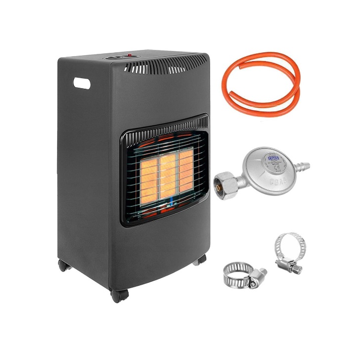 Газова печка с бутилка LPG с 3 степени на отопление, преносима на колела, автоматично запалване, керамичен нагревател, регулатор и маркуч за газ