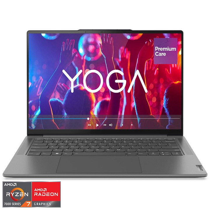 Laptop ultraportabil Lenovo Yoga Pro 7 14APH8 cu procesor AMD Ryzen™ 7 7840HS pana la 5.1 GHz, 14.5", 3K, IPS, 120Hz, 16GB, 1TB SSD, NVIDIA® GeForce RTX™ 4050 6GB GDDR6, No OS, Storm Grey, 3y on-site Premium Care