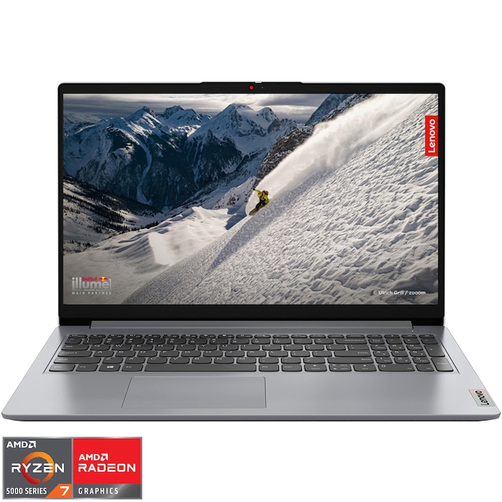 Laptop Lenovo IdeaPad 1 15ALC7 cu procesor AMD Ryzen™ 7 5700U pana la 4.3 GHz, 15.6", Full HD, 8GB DDR4, 512GB SSD, AMD Radeon™ Graphics, No OS, Cloud Grey