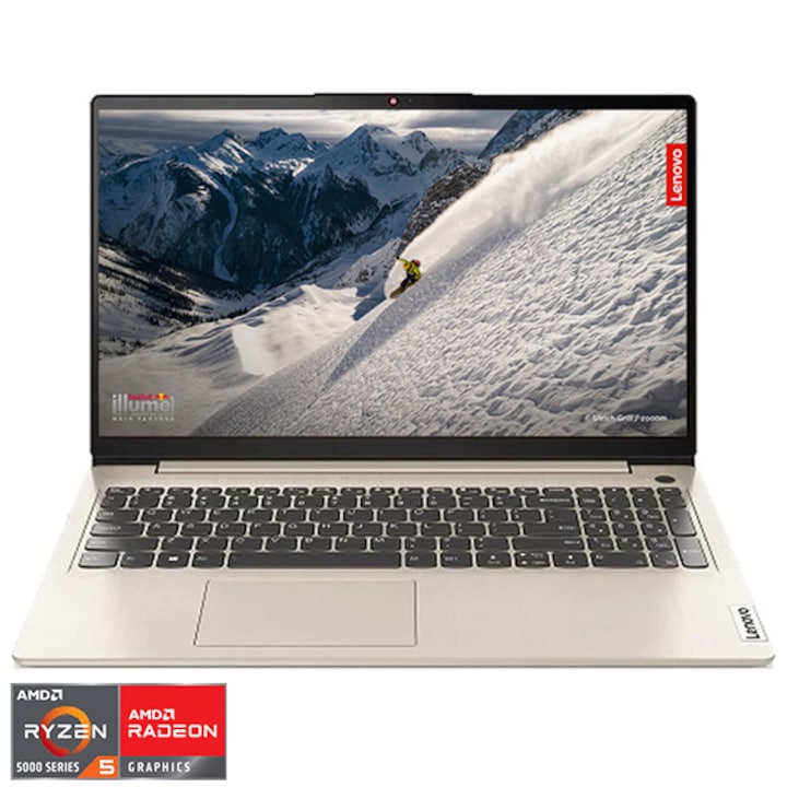 Laptop Lenovo IdeaPad 1 15ALC7 cu procesor AMD Ryzen™ 5 5500U pana la 4.0 GHz, 15.6", Full HD, IPS, 16GB DDR4, 512GB SSD, AMD Radeon™ Graphics, No OS, Sand