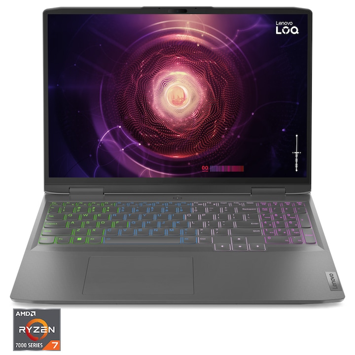 Laptop Gaming Lenovo LOQ 16APH8 cu procesor AMD Ryzen™ 7 7840HS pana la 5.1 GHz, 16", WUXGA, IPS, 144Hz, G-SYNC, 16GB, 512GB SSD, NVIDIA® GeForce RTX™ 4060 8GB GDDR6, No OS, Storm Grey