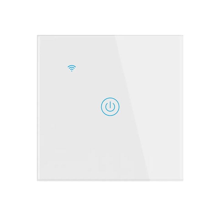 Intrerupator inteligent cu touch Open, Wi-Fi, fara nul, 1 canal, 5A, Wi-fi 2.4GHz, sticla securizata, Tuya, Smart Life, compatibil Amazon Alexa Google Assistant, Alb