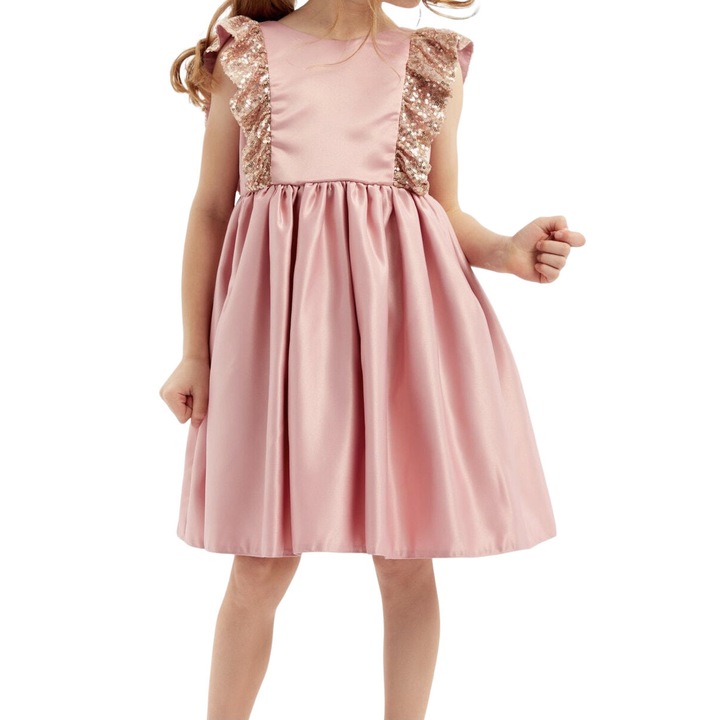 Elegáns, lányos, púderrózsaszín capri ruha flitterekkel – tökéletes különleges alkalmakra, esküvőre, úrvacsorára vagy évfordulóra