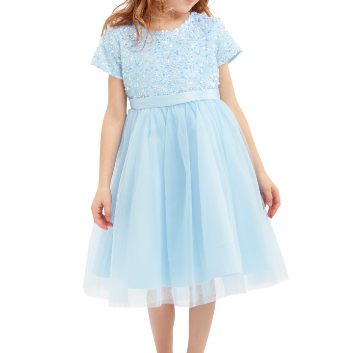 Елегантна поводна рокля за малки момичета Elisa, светло синя, украсена с пайети и панделка, идеална за специални събития