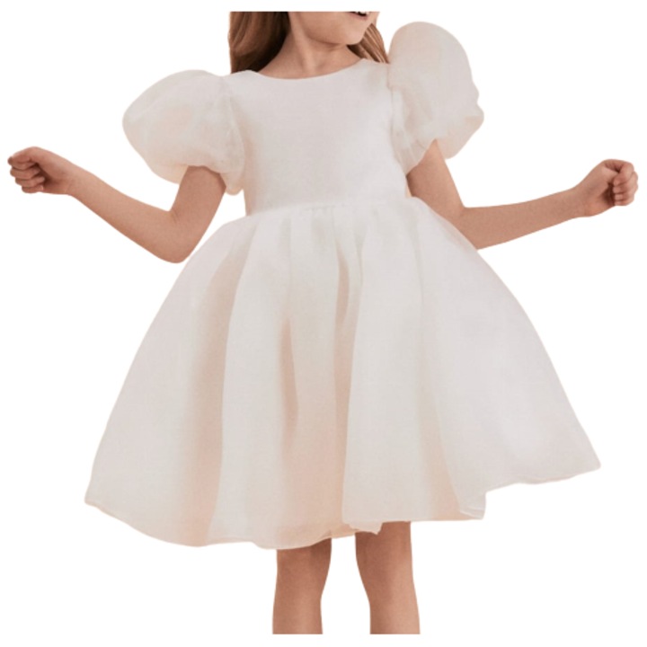 Sara lányka alkalmi ruha, krémfehér, elegáns, puffos ujjakkal és kivágott hátrésszel, Fehér