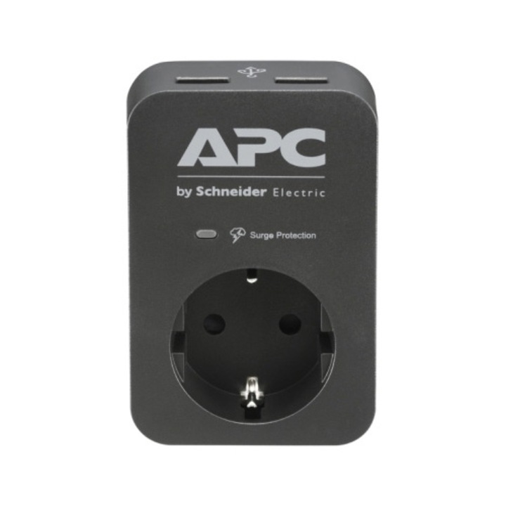 Адаптер за контакт APC Essential SurgeArrest PME1WU2B-GR, Защита от пренапрежение, 1 гнездо, 2x USB-A, 4000W, 16A, 680J, Черен