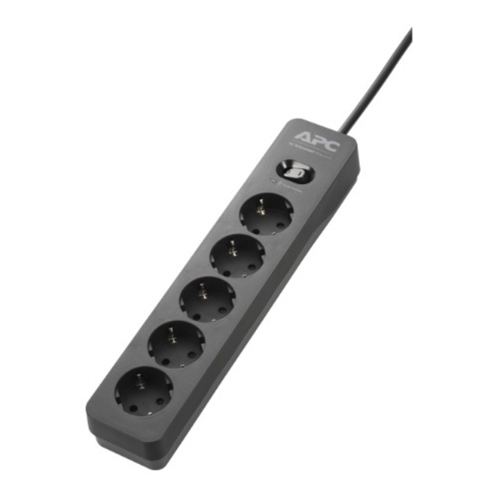 Разклонител APC Essential SurgeArrest PME5B-GR, Защита от пренапрежение и филтриране на шума, С превключвател, 5 гнезда, 2300W, 680J, Кабел 1.5 м, Черен