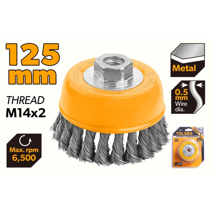 Perie cupa polizor unghiular TOLSEN 125 mm, Sarma rasucita otel 0.8 mm, Filet M14x2, Curatare intensa, Uz industrial, Perie cupa polizor unghiular TOLSEN 125 mm, Sarma rasucita otel 0.8 mm, Filet M14x2, Curatare intensa, Uz industrial