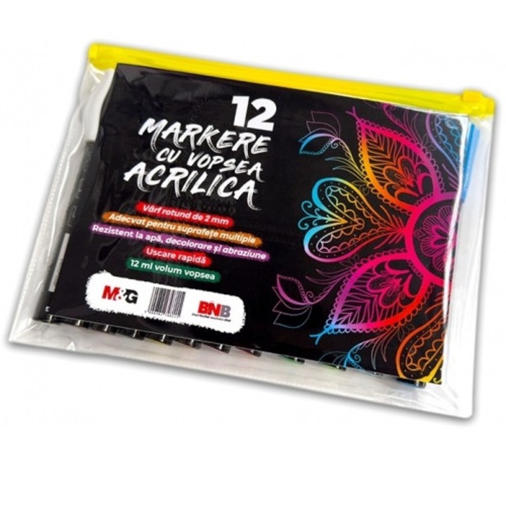 Маркер с акрилна боя, кръгъл връх 2 мм, 12 цвята/комплект, M&G