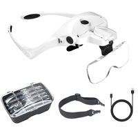 Lupa de cap Handy, Zggzerg, Unghi reglabil, Cu iluminare LED, lentila dubla, 5 dimensiuni diferite, Zoom de 1x, 1.5x, 2x, 2.5x, 3.5x, Lentile detasabile, Incarcare USB, Pentru bijuterii, arta, mestesuguri si lucrari apropiate, Alb