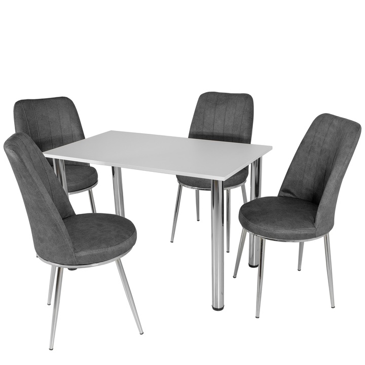 Set masa cu 4 scaune Berlin, DENVER, cadru crom, stofa gri, blat pal alb, forma dreptunghiulara, 110x65x73 cm