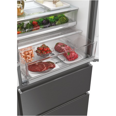 Combina frigorifica Haier HFR7720DWMP, 477 litri, No Frost, Air Surround, Humidity Zone, My Zone, Dozator apa, SuperCooling, SuperFreezing, Raft sticle ,Clasa D, H 201 cm, Inox