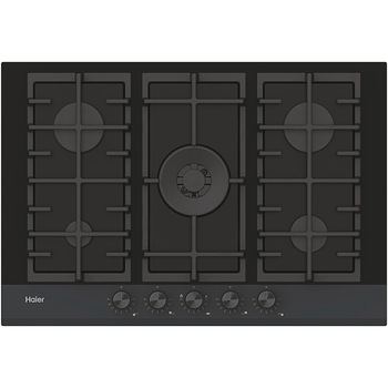 Plita incorporabila Haier HAVG75HB, Gaz, 5 arzatoare, Aprindere electrica, Wok, Gratar fonta, 75 cm, Sticla neagra