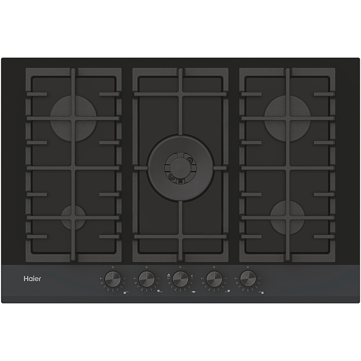 Plita incorporabila Haier HAVG75HB, Gaz, 5 arzatoare, Aprindere electrica, Wok, Gratar fonta, 75 cm, Sticla neagra
