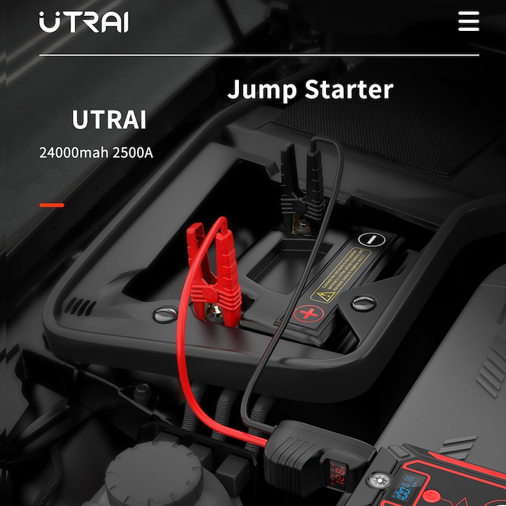 Többfunkciós hordozható digitális autóindító zseblámpával és iránytűvel Utrai Jstar 4, külső akkumulátor funkció, 12V, 2500A, 24000mAh, 59.2Wh, DC port, USB port, C típusú port