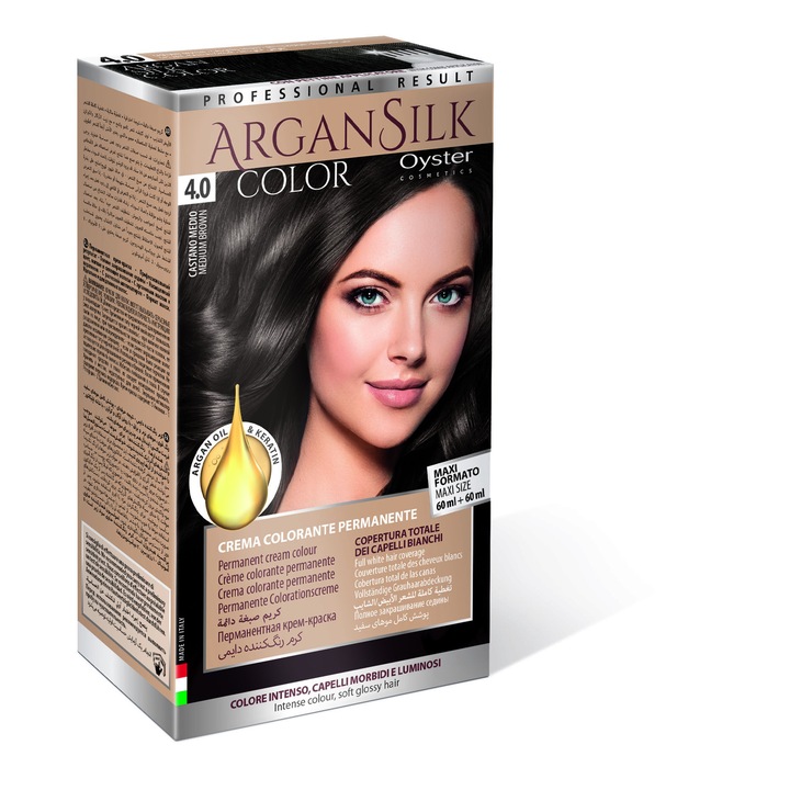 Vopsea de par permanenta cu amoniac si ulei de argan&kertatina, Oyster Cosmetics 4.0 Maro Mediu, Maxi Size 60 ml + 60 ml