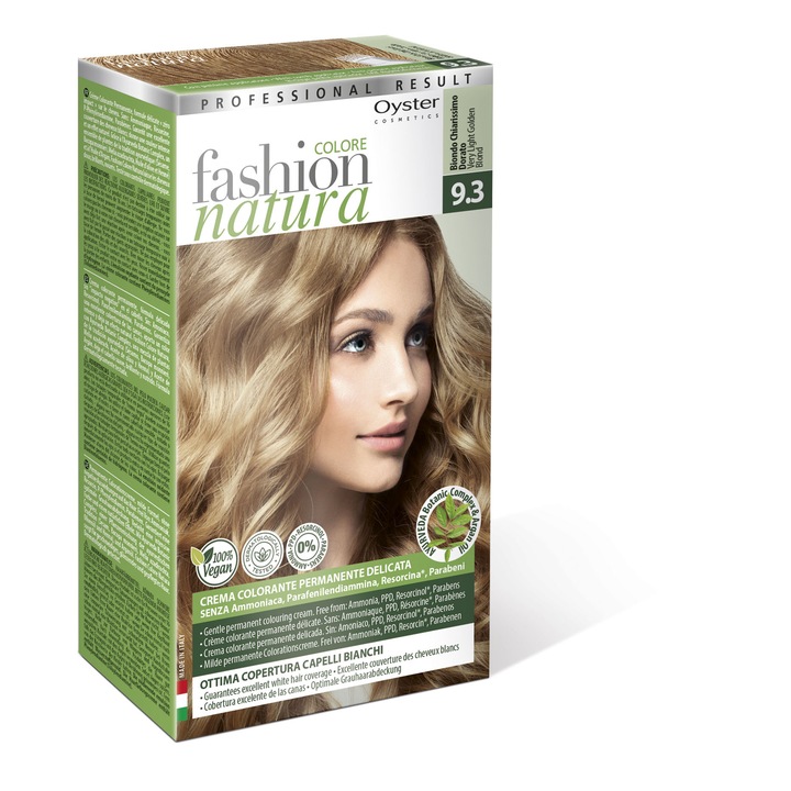 Vopsea de par permanenta 100% Vegana, Oyster Cosmetics 9.3 Blond Auriu Deschis, Maxi Size 50ml + 50ml