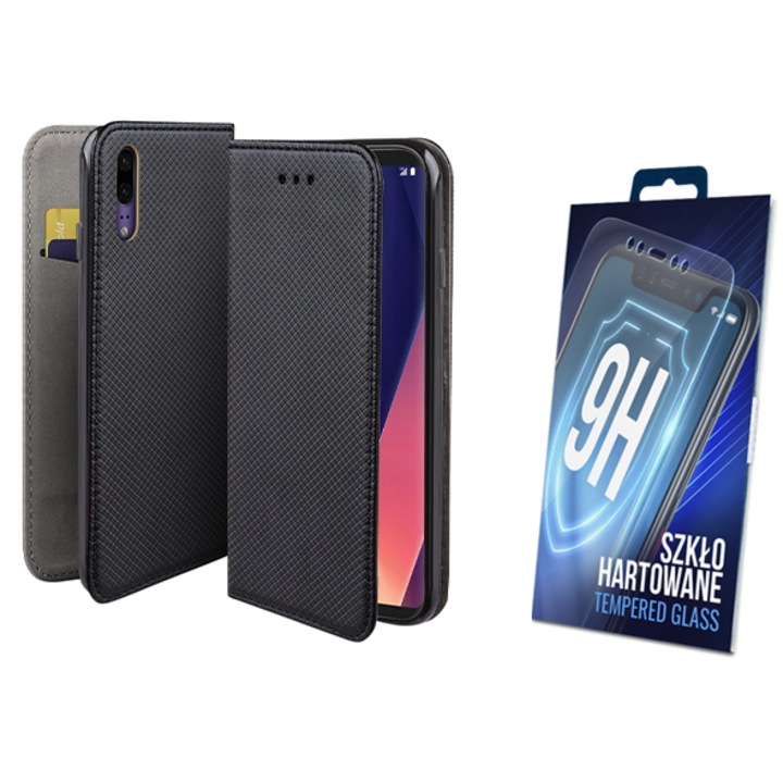 Set husa si sticla telefon, Martech, Pentru Huawei P20, Negru