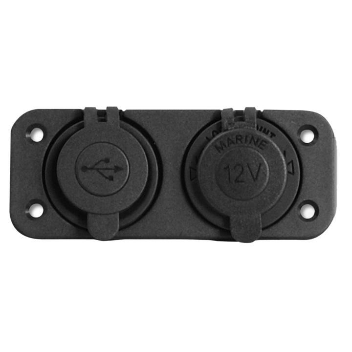 Водоустойчив автомобилен контакт за запалка и USB порт, LTC, 12V, пластмаса, черен