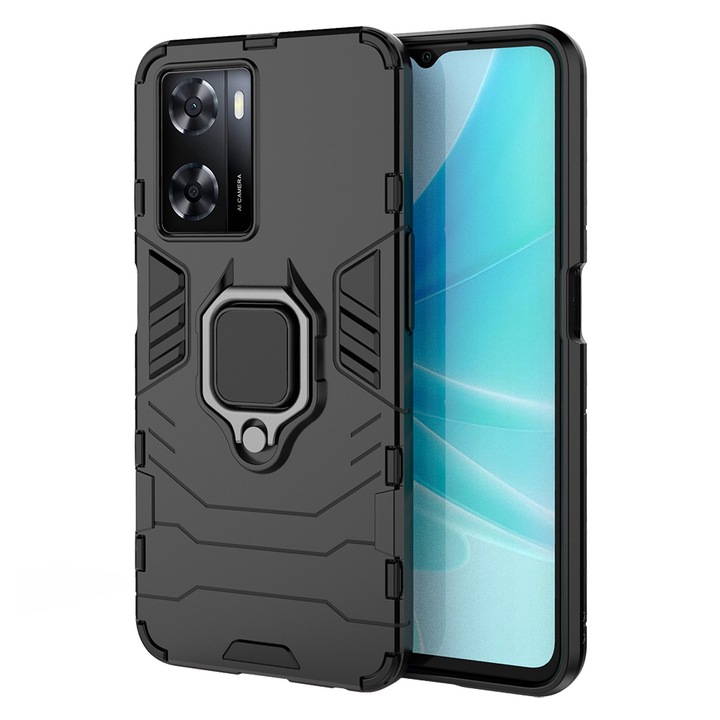 Калъф G-Ring Defender, съвместим с Oppo A57 4g/ A57s, Antishock Armor, въртящ се на 360 градуса пръстен, Вграден магнит за поддръжка на кола, TPU и PC, черен