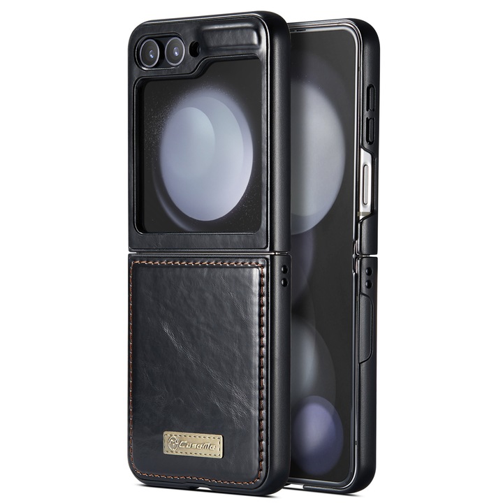 Калъф за Samsung Galaxy Z Flip5, CaseMe, фина кожа, стойка, Черно